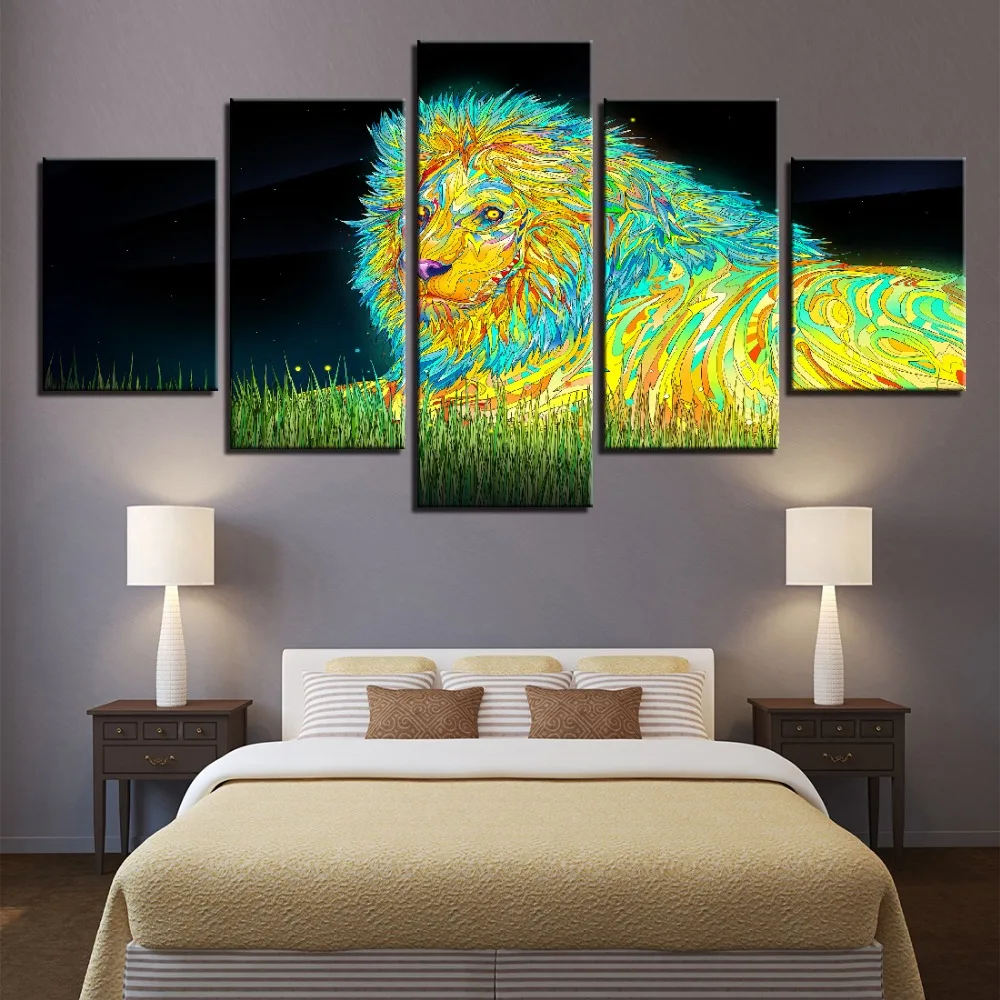 

5 Pieces Abstract Colorful Lion Canvas Paintings Home Decor Art For Living Room HD Posters Animal Framework Modular