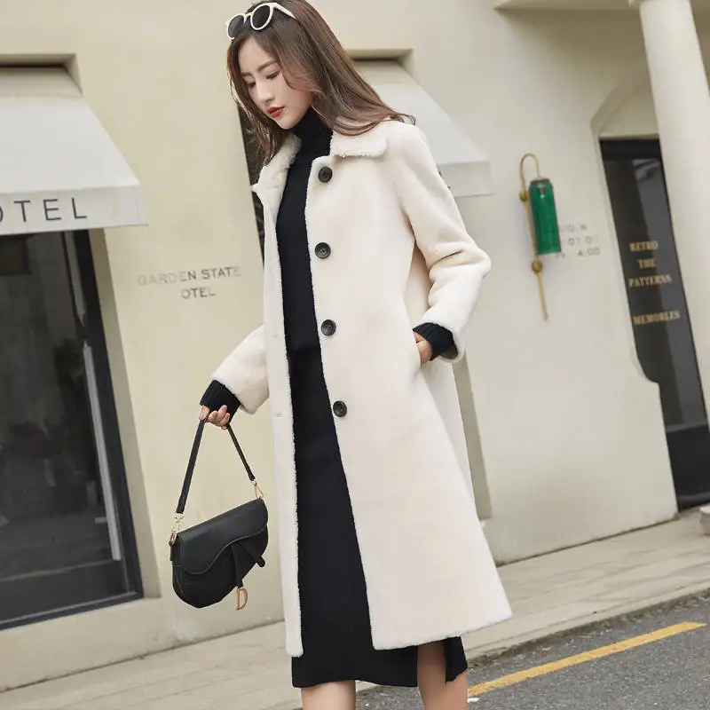 beige white Осенне-зимняя модная женская шуба из шерсти ягнёнка, оторочка из овечьей шерсти, шерстяная куртка из овечьей шерсти, Длинная тонкая верхняя одежда A80 - Цвет: beige white