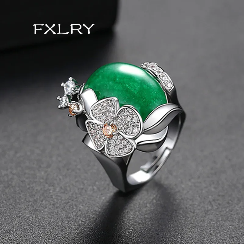 

FXLRY Unique Design Pave Setting Cz Big Turquoie Open Adjustable Rings For Women Fashion Jewelry Finger Accessories