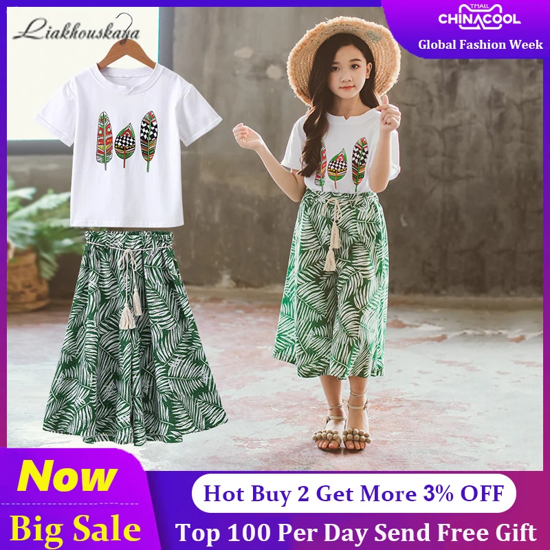 

2021 Newest Summer Teenage Girls Sets Clothing Printed Outfits Kids Clothes Short Sleeve +Pants Set Girls Clothes 3-14 Year