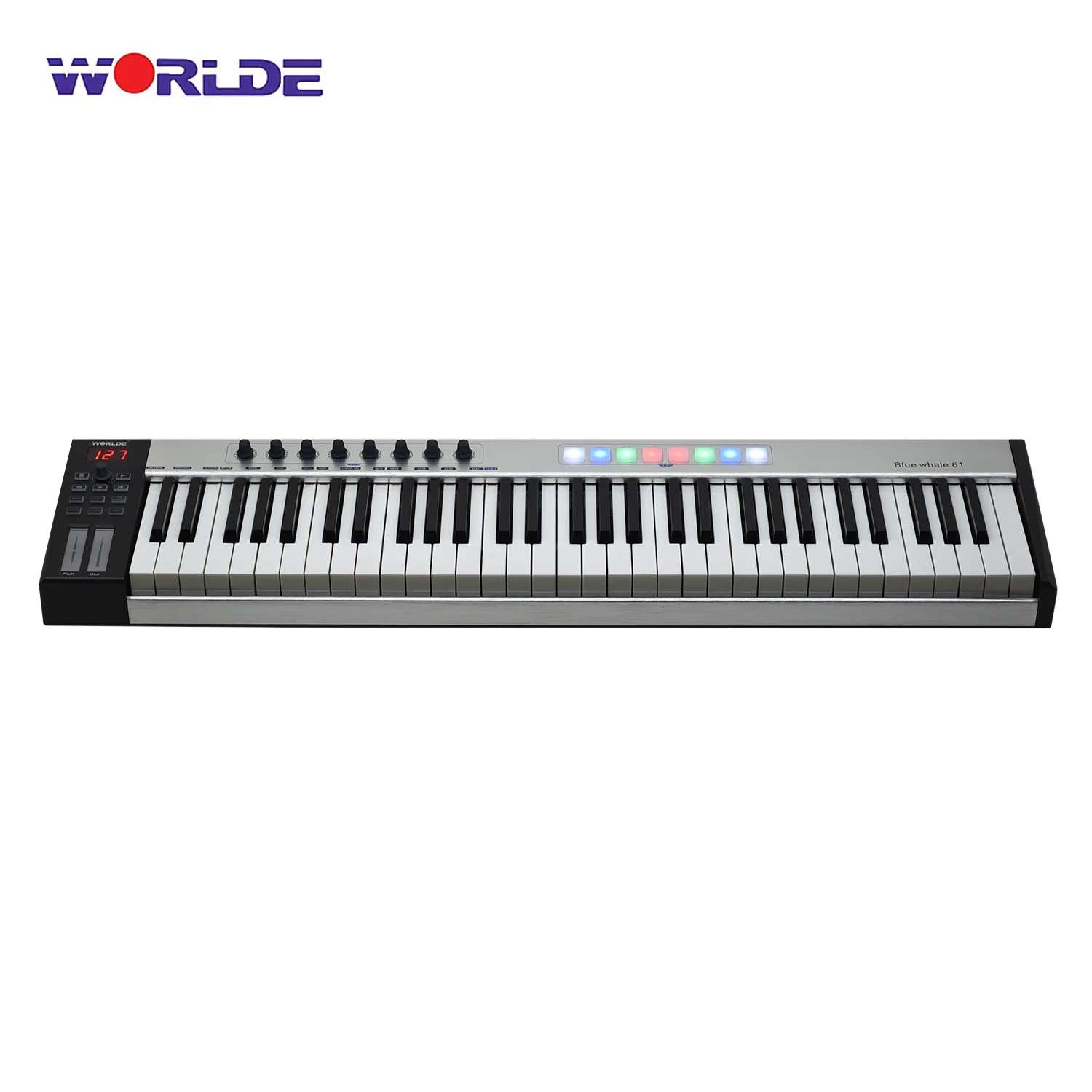 

WORLDE Blue whale 61 Portable USB MIDI Controller Keyboard 61 Semi-weighted Keys 8 RGB Backlit Trigger Pads LED Display with USB