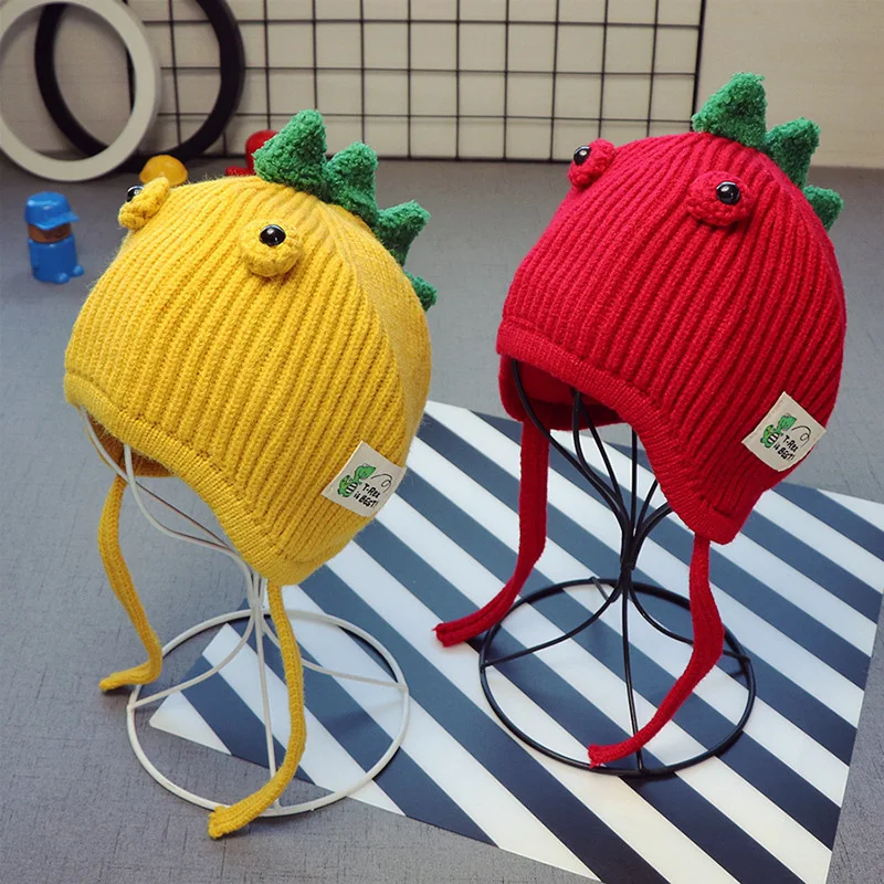 

6months-3years Kids Dinosaur Hat Infant Toddler Autumn Winter Ear Protection Hat Kids Knitted Double Layers Beanies KF418