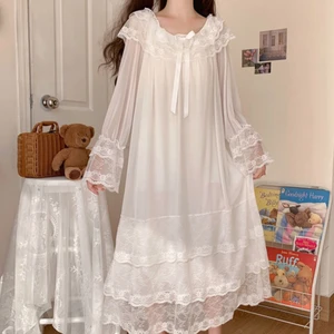 Fairy Night Dress Women Princess Sleepwear White Lace Mesh Peignoir Long Robe Lolita Dress Victorian
