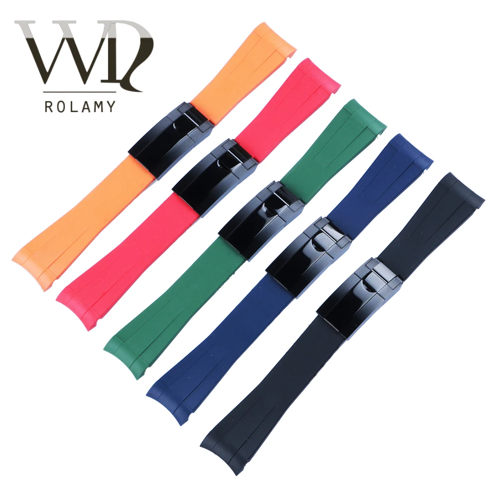 

Rolamy 20mm Curved End Rubber WatchBand Strap With 9mm*16mm Black Watch Buckle Clasp For Rolex Daytona GMT Submariner Datejust