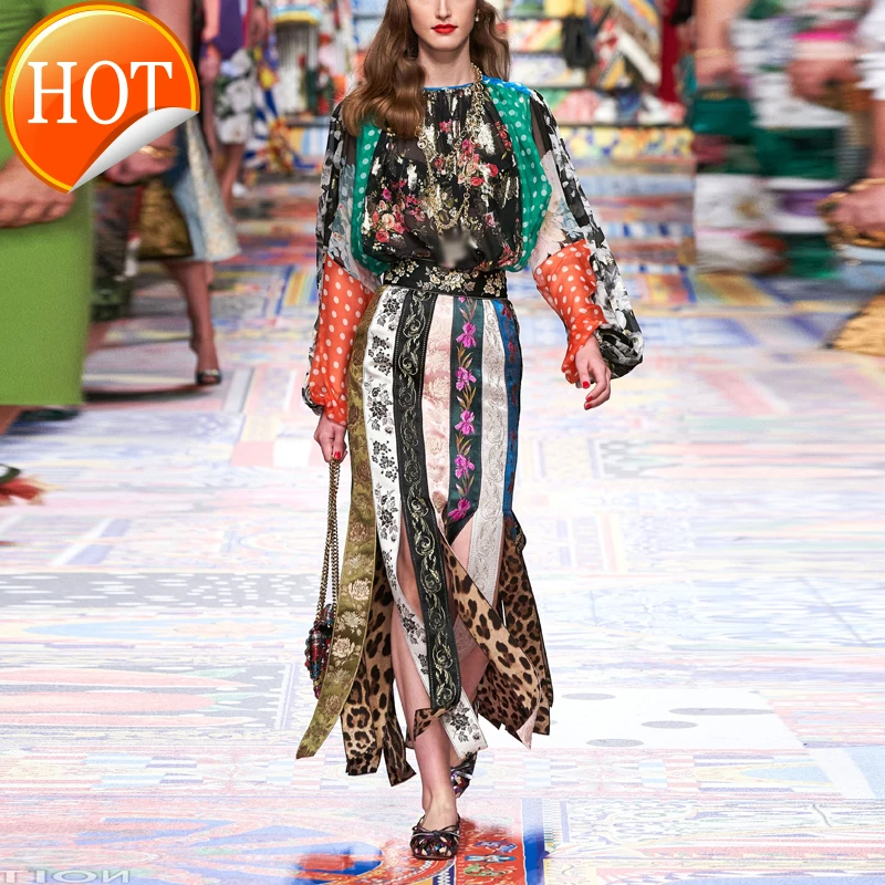 

Женский костюм с юбкой, круглым вырезом и длинным рукавом, с принтом, с высокой талией и кисточками, весна 2021