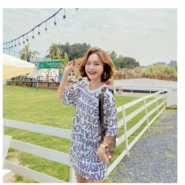 

BONJEAN Letters Print Shirt with Sequin 2020 Women's Summer Tops and Tees Short Sleeve Long T Shirt O-Neck Silver Shirts BJ3001