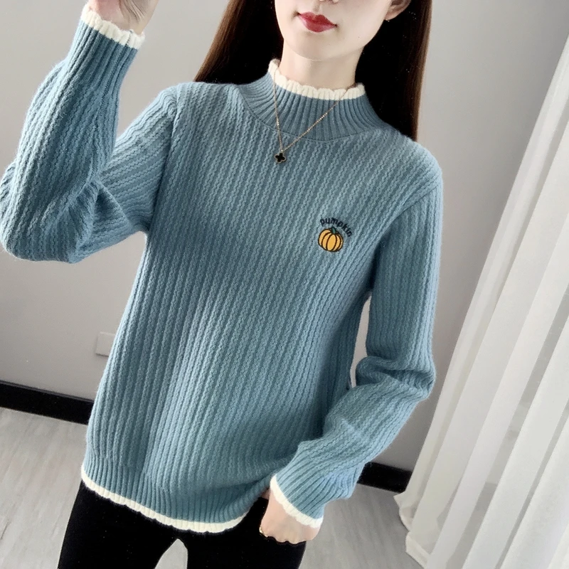 

Zone O 30 right] 7948 real shot embroidered pumpkin color matching half high neck knitted pullover 42