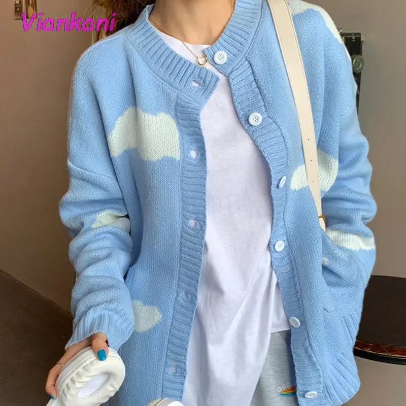 

Knitted Female Cardigan Cute Print Clouds O Neck Loose Casual Lady Long Sleeve Knitted Cardigan 2022 Women Jacket Blue White