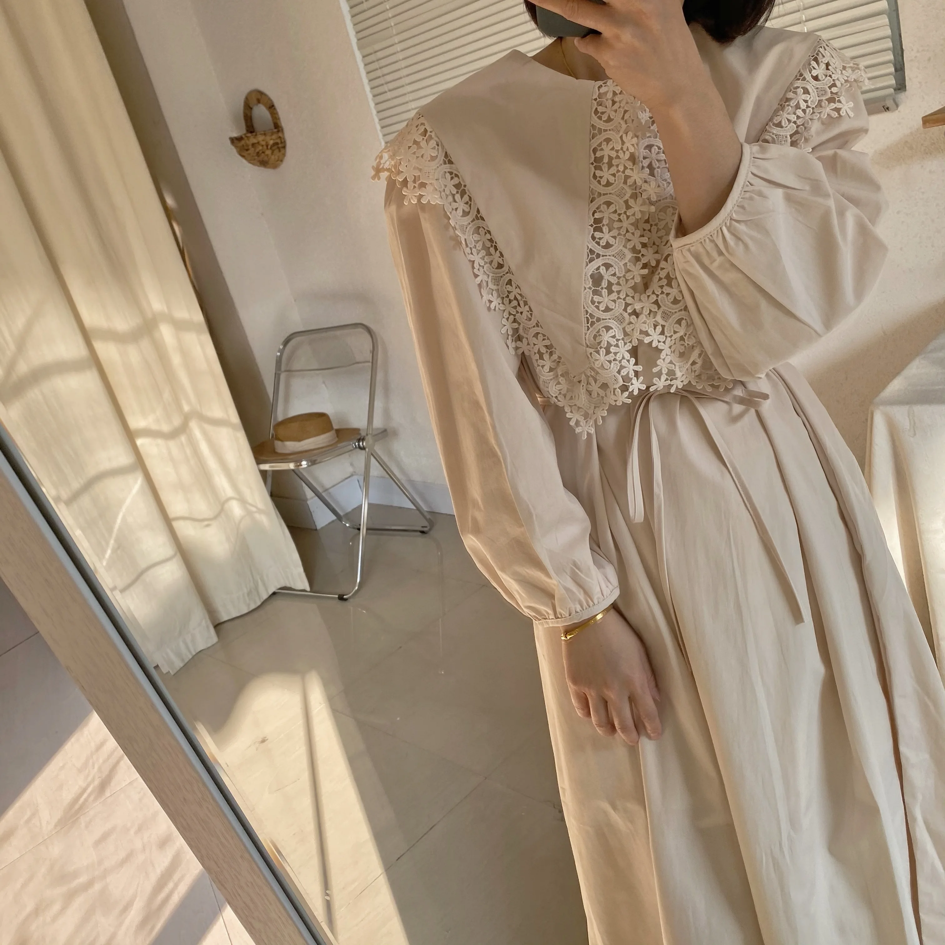

Korean Ins Super Beautiful Lace Doll Collar Niche Design Lace-up Waist-Tight Temperament French Dress Women