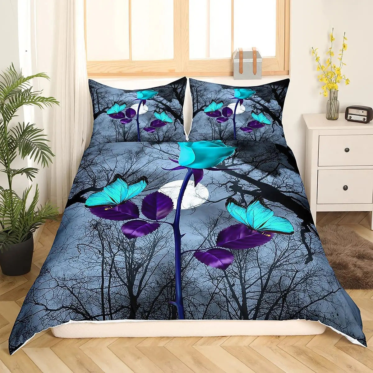 

Rose Butterfly Bedding Sets Misty Tree Comforter Cover Dark Night Moon Gothic Duvet Cover Set For Boys Girls Magic
