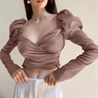 femotwin trend fashion sexy top new navel pure color temperament women top long sleeve v neck cross harajuku short t shirt 2021