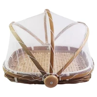 household kitchen food basket hand woven insect dustproof storage container with gauze net mesh fruit and vegetable bread cover