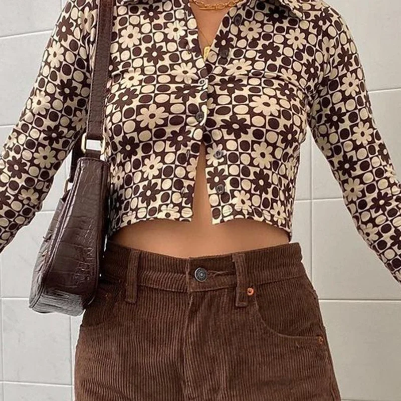 

Y2k Vintage Floral Print Top Women Fashion Turn-Down Collar Crop Shirts Brown POLO shirts Long Sleeve Tee 90s Club Streetwear