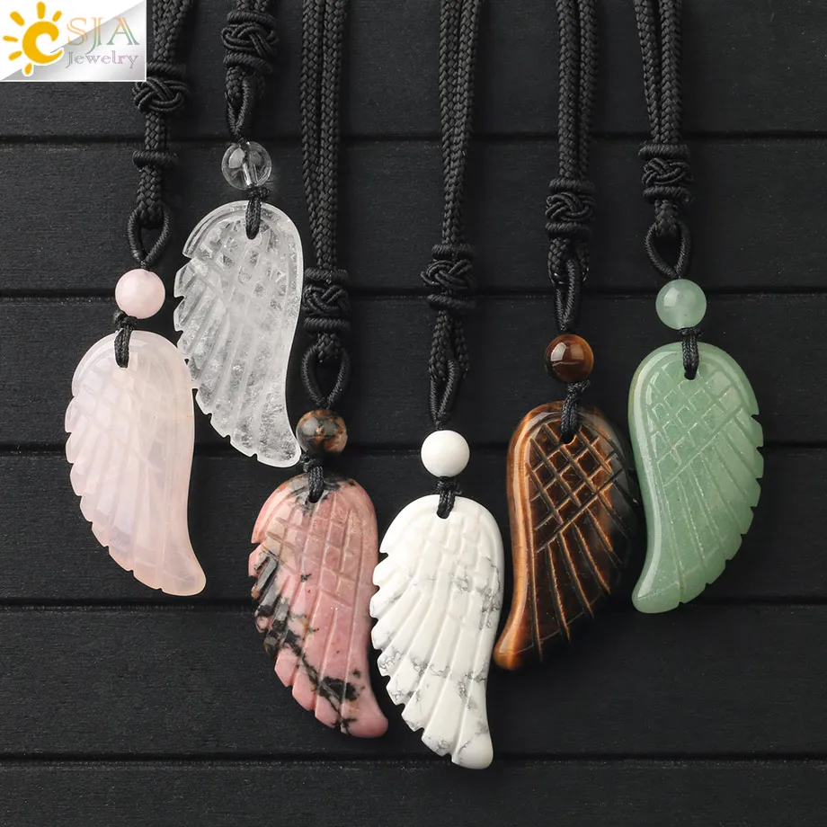 CSJA натуральным камнем ожерелье кулон Ангел ожерелья крылья зеленый авантюрин