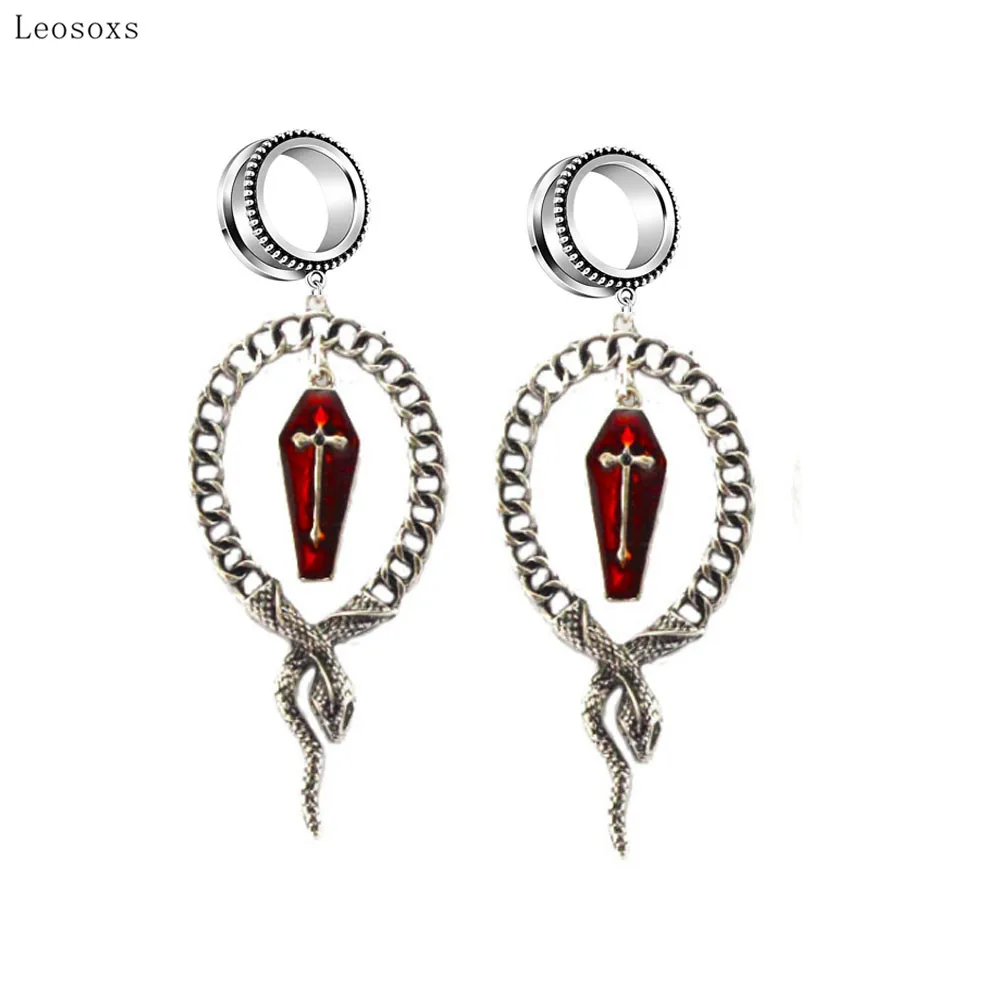 Leosoxs 2pcs Explosive Dark Wind Snake Winding Cross Coffin Blood Dripping Snake Ears Piercing Jewelry