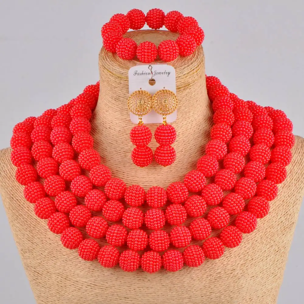 

Модные 4 ряда Красные Африканские свадебные бусы имитация жемчуга нигерийское ожерелье костюм набор украшений для женщин FZZ05