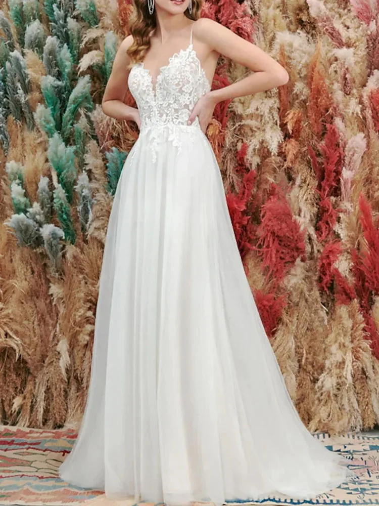 

A-Line Wedding Dress V-Neck And Floor-Length Lace Tulle Sleeveless Beach With Applique 2021 New Wedding Dress Can Be Customized