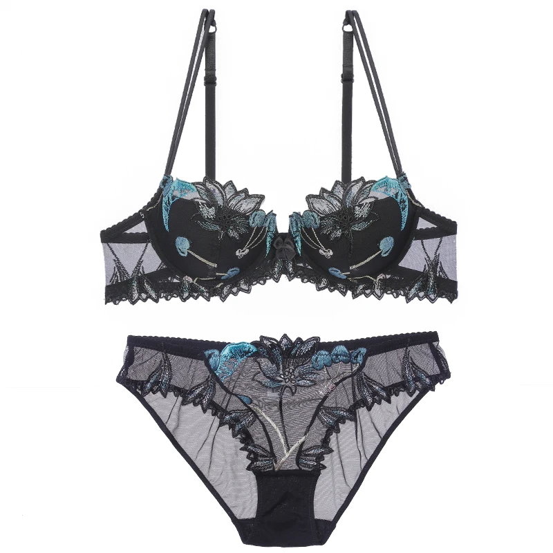 Black Set LILYMODA женский сексуальный мягкий тонкий хлопковый бюстгальтер, наборы бюстгальтеров с цветочной кружевной вышивкой на косточках, розовое нижнее белье, новое поступление - Цвет: Black Set