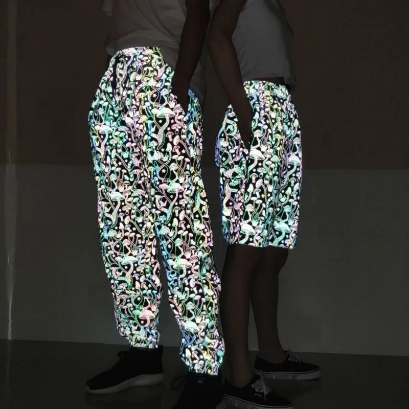 

Mens Mushroom Reflective Pants Shiny Colorful Hip Hop Dance Fluorescent Pants Night Sporting Joggers