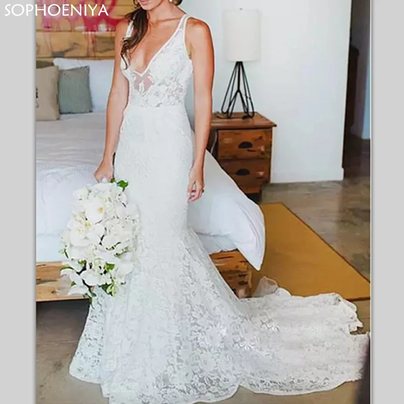 

Dubai Saudi Lace Mermaid Wedding Dresses Muslim V-neck Backless Bridal Dresses Boho Vestido De Noiva Wedding Gown Robe de Marie
