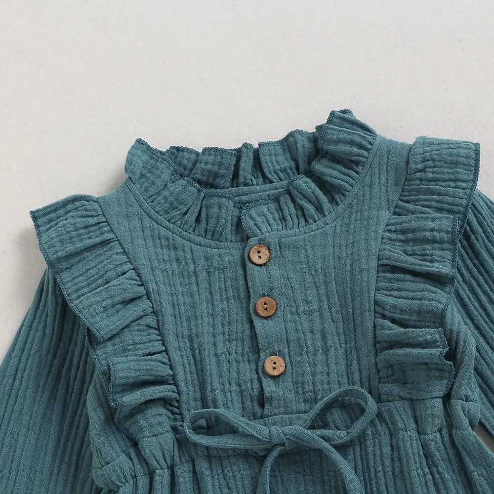 Платье принцессы для девочек льняное однотонное платье на пуговицах с рюшами и