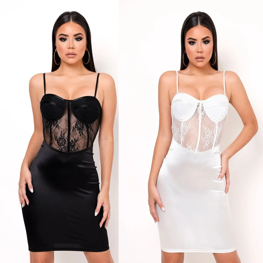 

Satin stitching lace hollow wrap chest strap bag hip dress