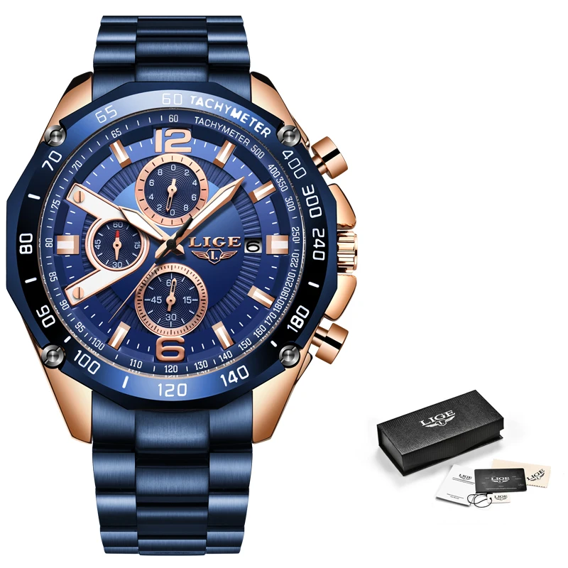 

LIGE New Classic Rose Gold Relojes Hombre 2020 Mens Top Luxury Fashion Chronograph Luminous Waterproof Watch Reloj Hombre