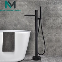 brass black floorstanding bathtub faucet set dual ceramic handle floor mounted claw foot bath tub mixers swive spout tub faucet