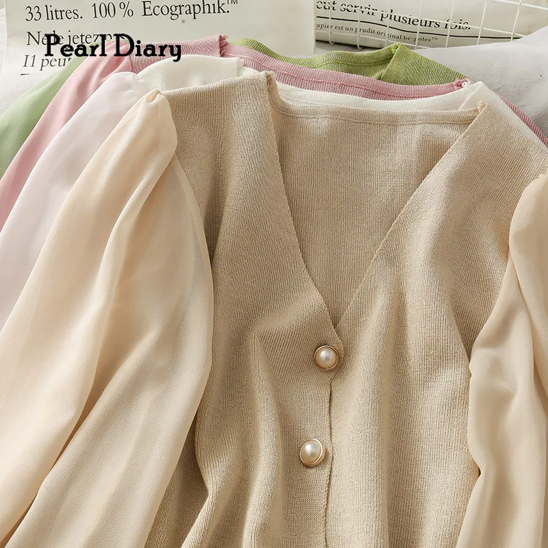 

Pearl Diary Women Spring Autumn Knitted Cardigans Solid Color Pearl Buttons Front V Neck England Style Elegant Cardigan