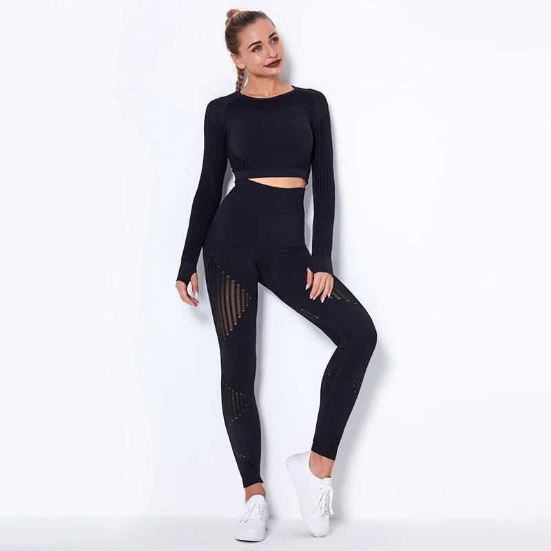 

2021 New Seamless Mesh Hole Quick Dry Sports Yoga Long Sleeve Striped Crop Top Fitness Pants Yoga Clothing Set