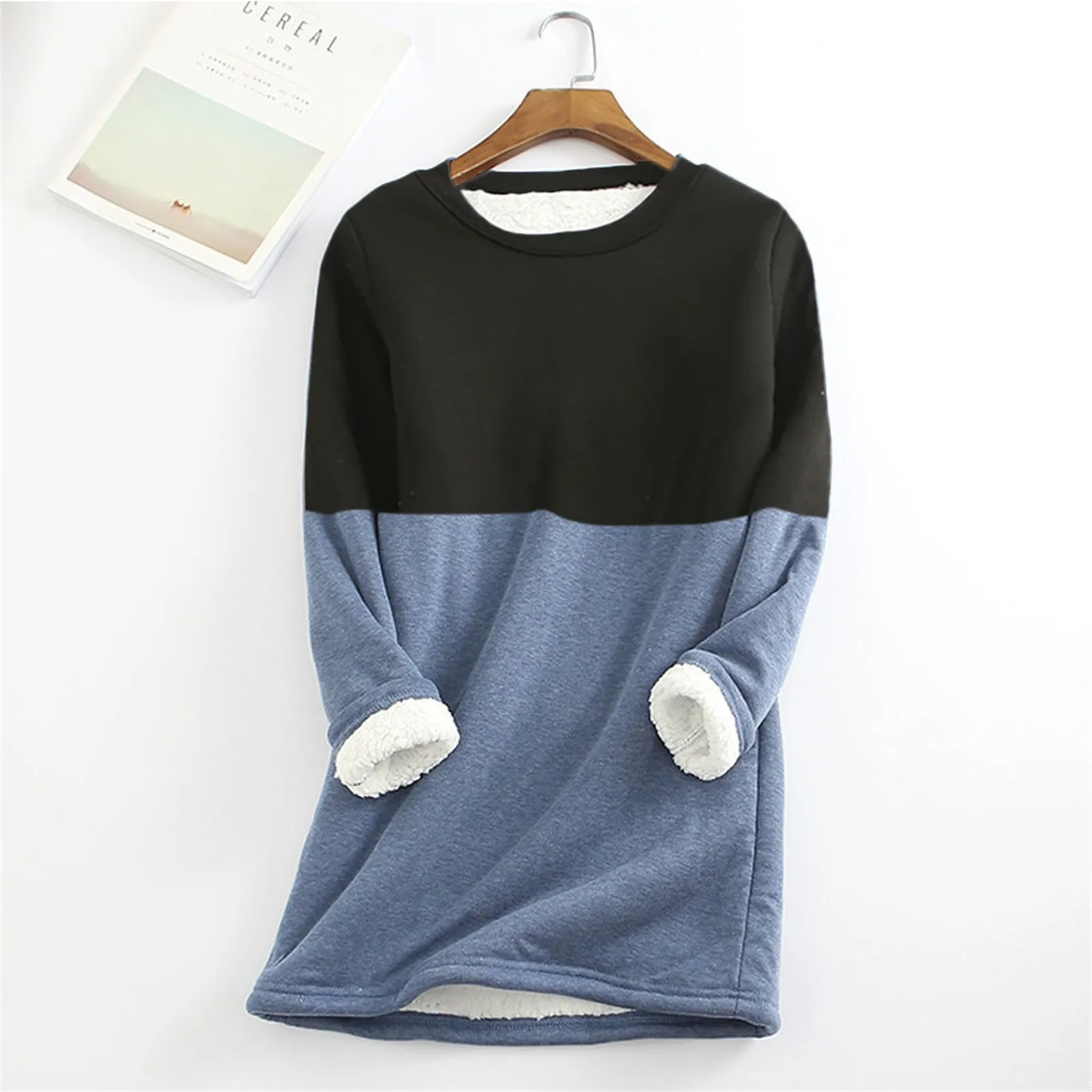 Long Thick Stitching Solid Color Round Neck Sweater Women's Fleece Matching Sweatshirt Warm Underwear Fashion Top | Женская одежда
