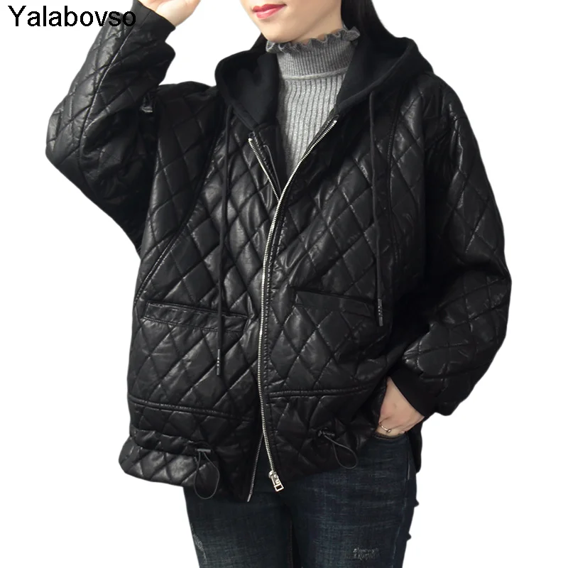 

Korean Styles Autumn And Winter Clothes Large Size Loose Casual Hooded Black PU Coat For Women Leather Jacket Female