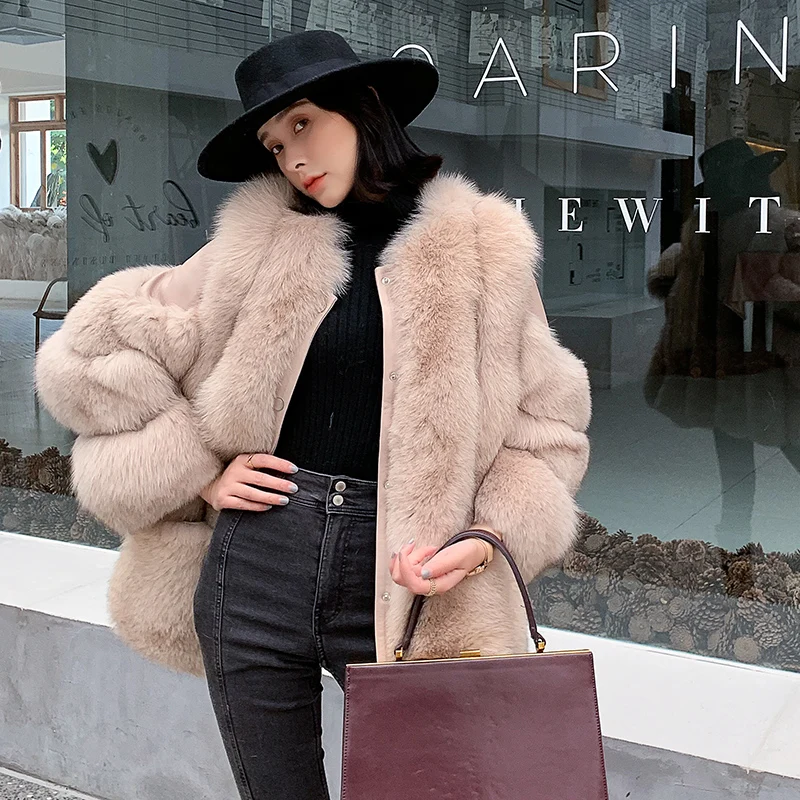 Winter Fashion Real Fur Coats For Women Outwear High Quality Natural Whole Skin Genuine Sheepskin Leather Jacket Fox Fur Outwear enlarge