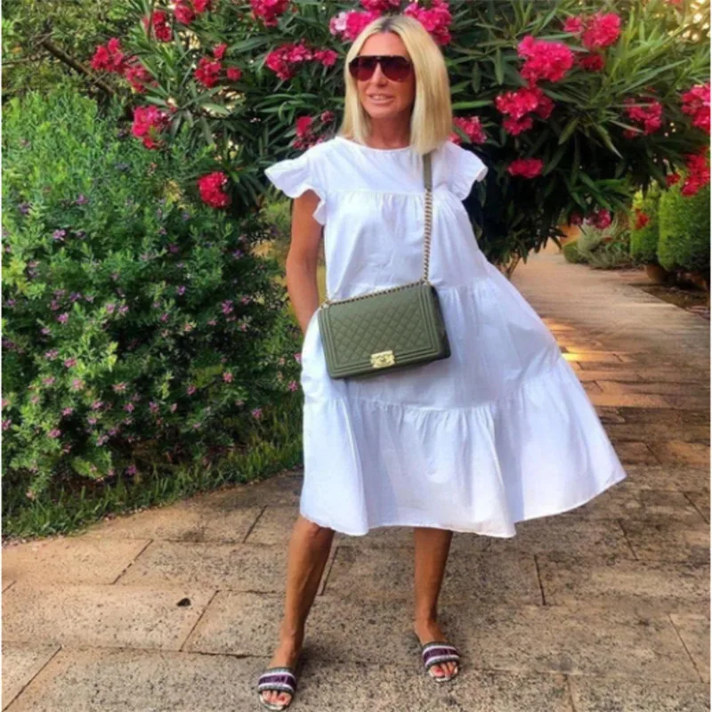 

2021 New Summer Solid Color Women Dress Short Sleeve Loose Chic Pleated Dress Beach Casual White Black Pink Dress Lady Vestidos