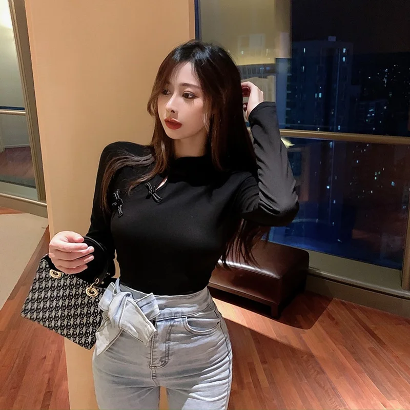 

Black Sexy Asian Clothes Oriental Chinese T Shirt Long Sleeve Asian Streetwear Cheongsam Top Chinese Style Clothing Women FF2903