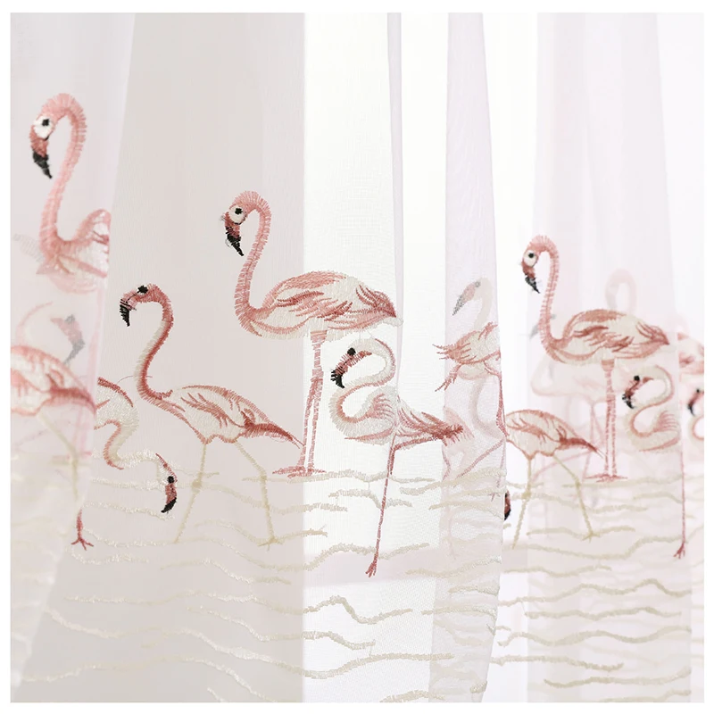 Розовые кружевные тюлевые шторы с вышитыми фламинго и птицами занавески из вуали