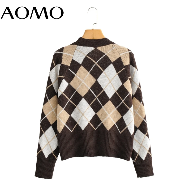 

AOMO Women Diamond Pattern Crop Cardigan Vintage Jumper Lady Fashion Knitted Cardigan Coat BC162A