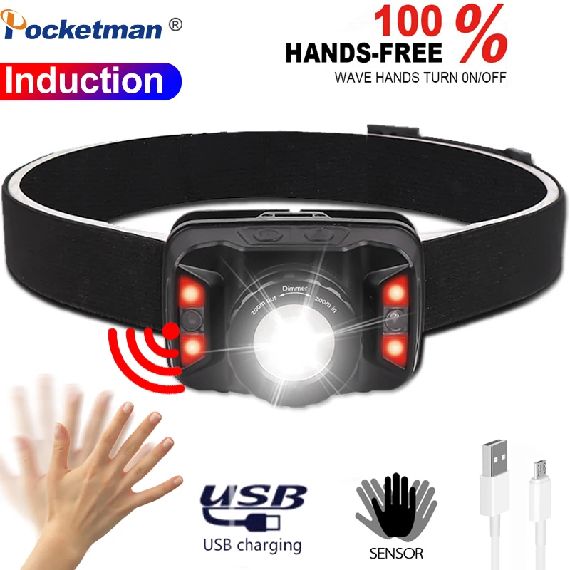 

Body Motion Sensor Headlamp USB Rechargeable Headlight Head Front Light Sport Head Lamp with Red/White Light Waterproof