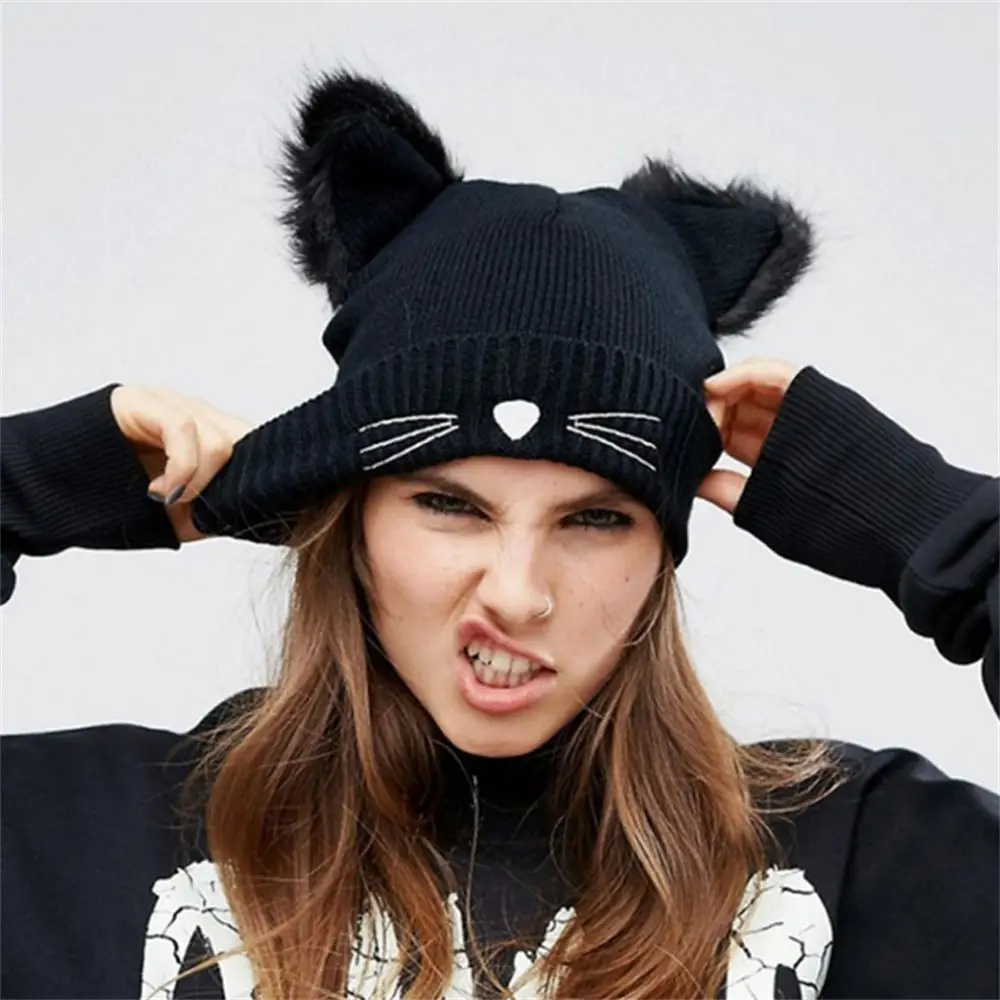 

Lovely Cat Ears Knitted Hat Women Solid Color Winter Warm Hats Lady Kawaii Winter Beanies Casual Wool Caps Weaving Hat
