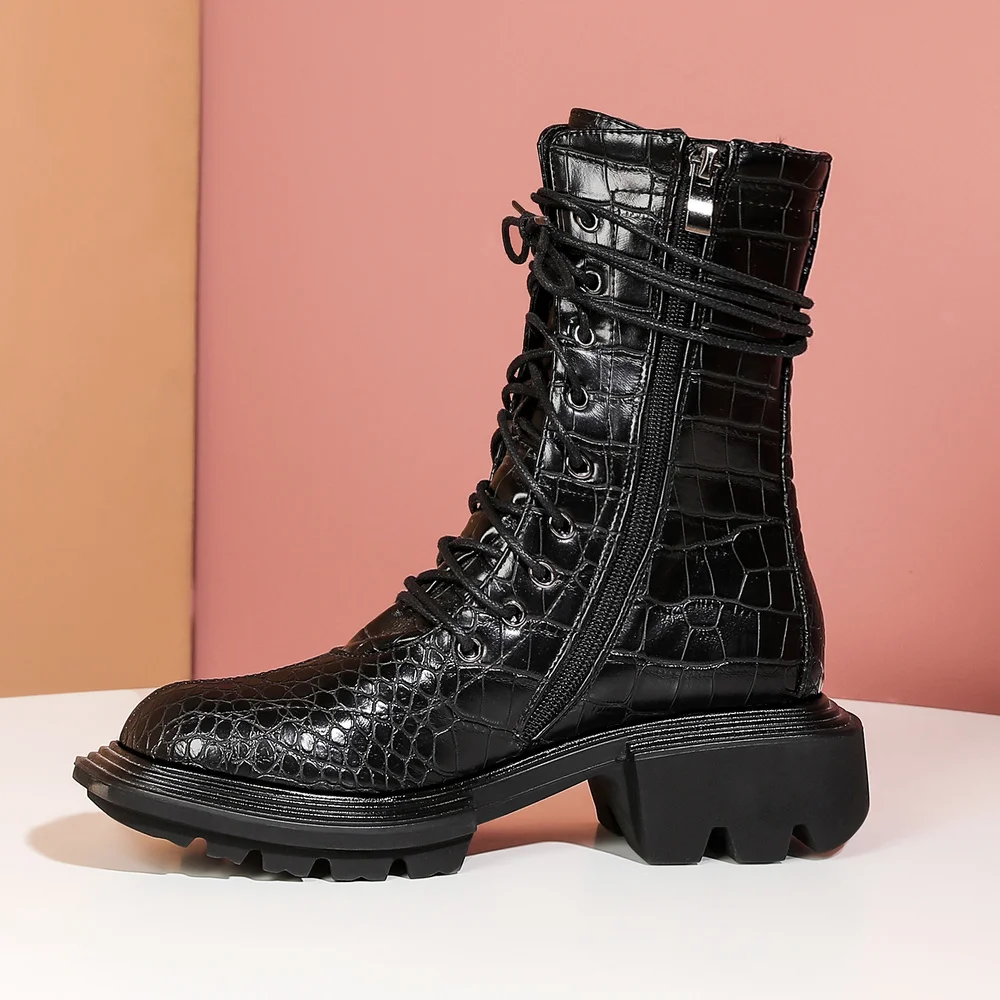 

Autuspin Retro Women's Boots Fashion Autumn 2020 Motorcycle Shoes for Woman Comfortable Platform Classic Lace Up Western Boot