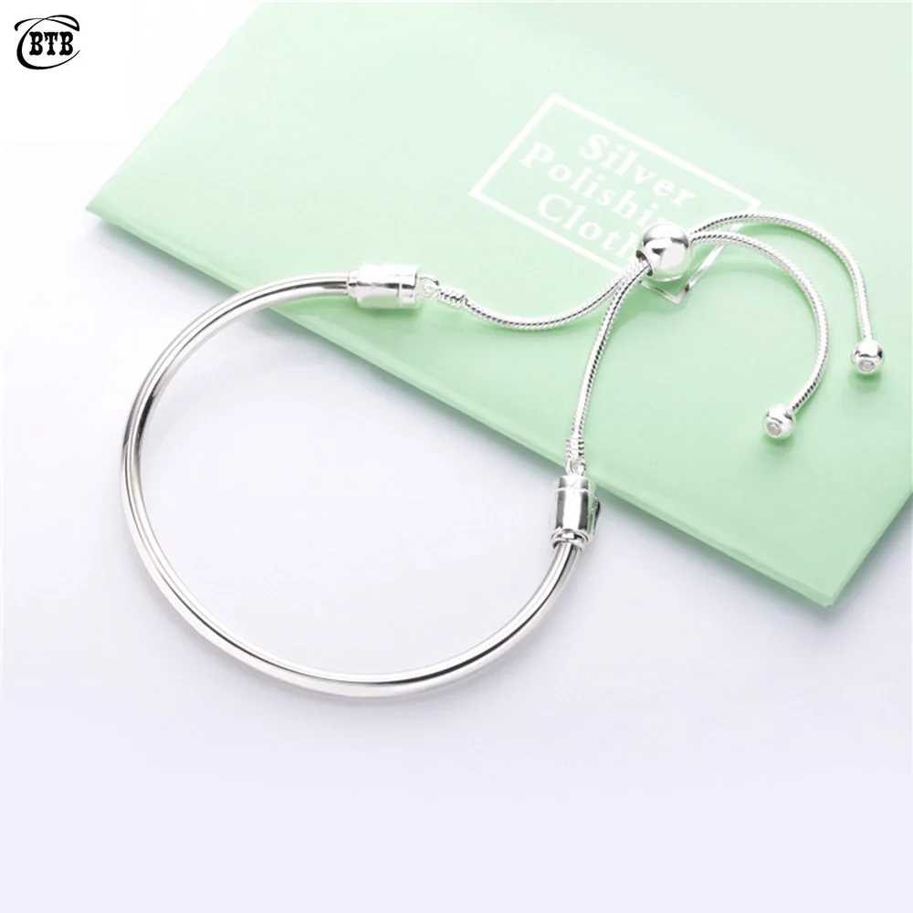 silver New 925 Sterling Silver Telescopic Bracelet Woman Bangle Fit DIY Beads Charm Rose Gold Fine Jewelry Gift For Female - Окраска металла: silver