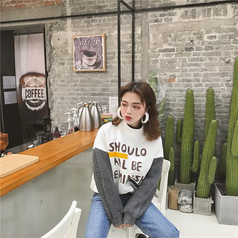 

Korean style sweet long sleeve Spring autumn letter pullovers o-neck loose Sweatshirts Women's Clothing patchwork knitted tops