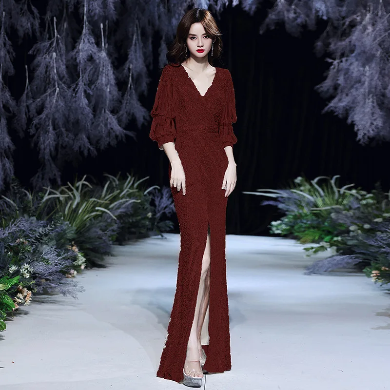 

Gold Sequins Slits Temperament Annual Party Evening Dress Female Dress Skirt Dignified Host Banquet Mermaid Rprom Dress A040