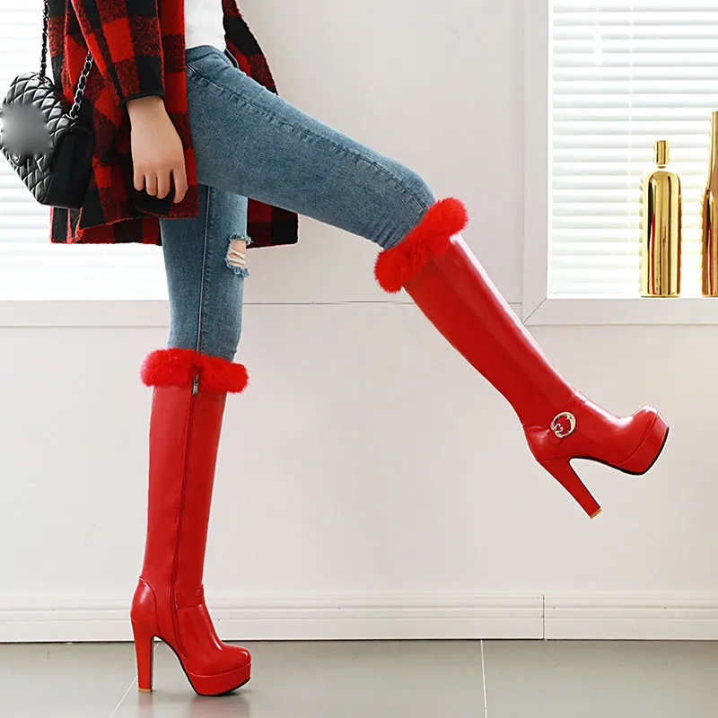 Lasyarrow/женские сапоги до колена; женские зимние сапоги с Плюшевым Мехом; Botas; модная теплая зимняя женская обувь на платформе с пряжкой