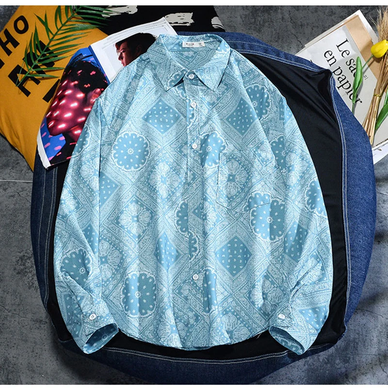 

New men's shirt punk top Korean ins printed long sleeve wide loose shirt beach cardigan casual jacket