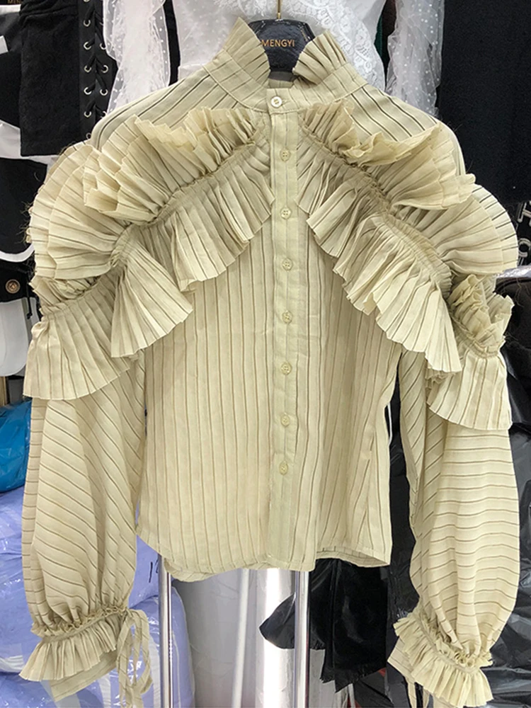 

Heavy craftsmanship, frills, high collar, stitching, ruffles, stripes, loose shirt, ladies' autumn new styles, personalized tops