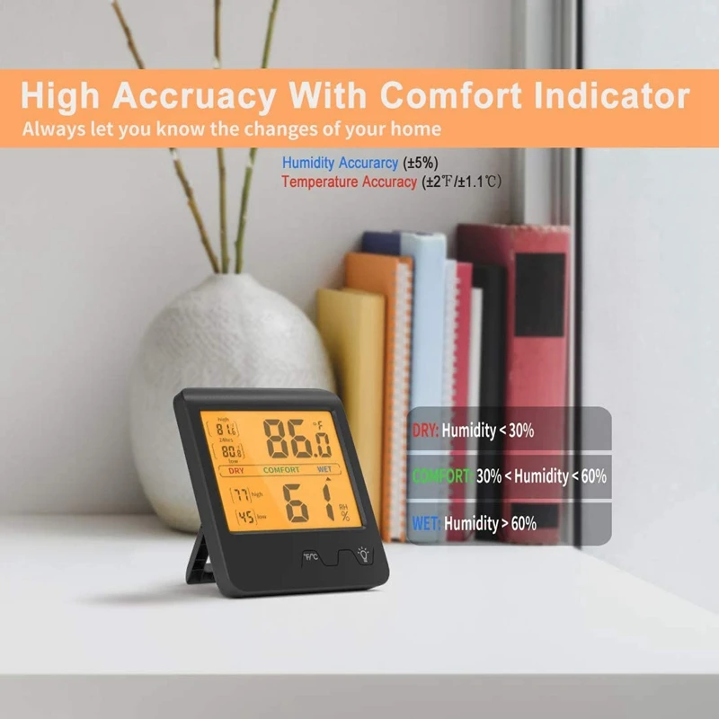 

Room Thermometer Humidity Gauge Indoor Hygrometer for Home Digital Thermometer and Humidity Monitor with Backlight,Black