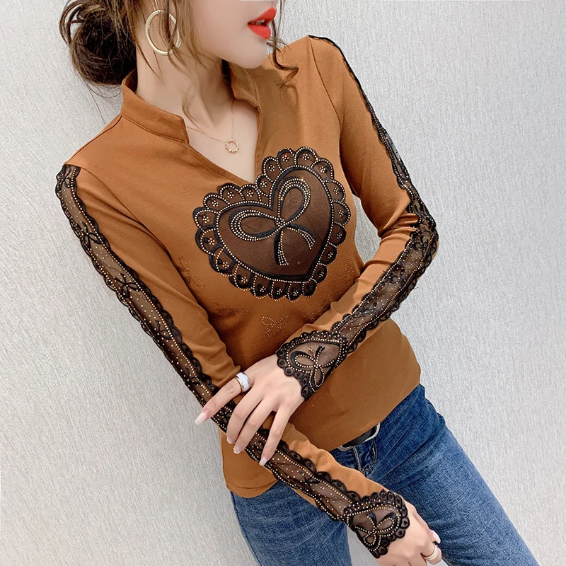 

Woman tshirts New 2020 Autumn long sleeve Lace hot drilling bottoming shirt V-neck Lace patchwork t-shirt plus size blusas