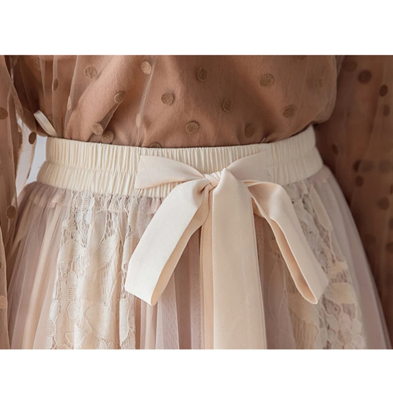 

New 2020 Spring Summer Skirts Womens lace Mesh Tulle Women Elastic High Waist A Line Mid Calf Midi Long Pleated Skirt streewear