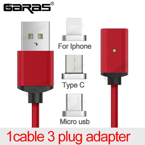 Red1cable 3plug Магнитный кабель GARAS для Iphone/Micro usb type-C, адаптер, 3 в 1, быстрое зарядное устройство, кабели для мобильных телефонов, кабель type-C/Micro USB - Цвет: Red1cable 3plug